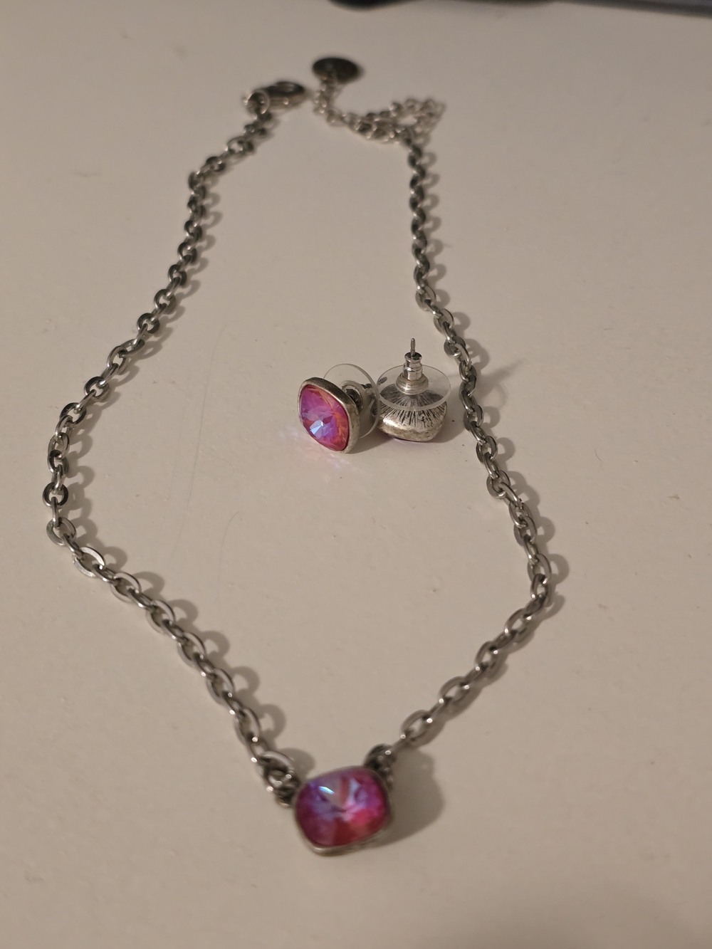 Silver-Tone Necklace with Pink Crystal Accent